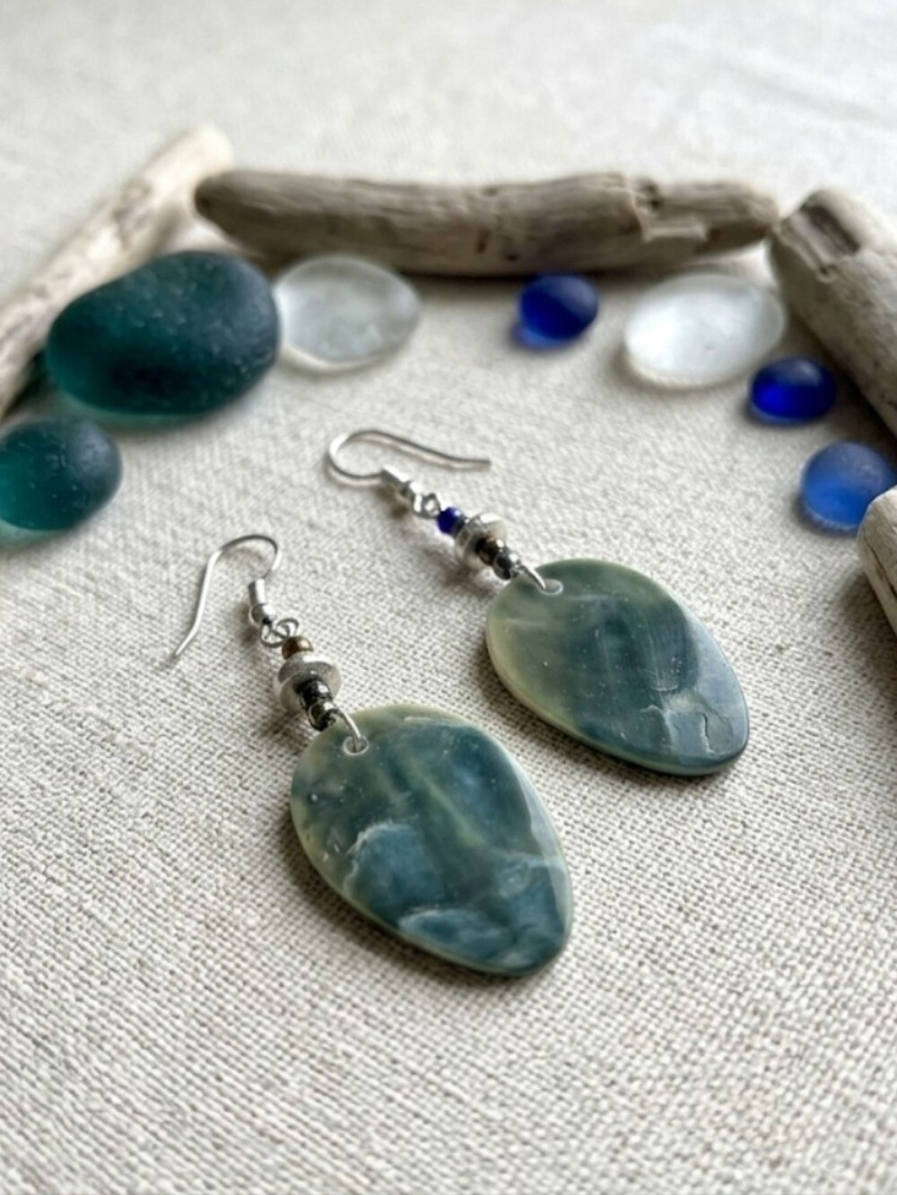 Handcrafted Sea Green Shell Dangle Earrings Boho Coastal Jewelry